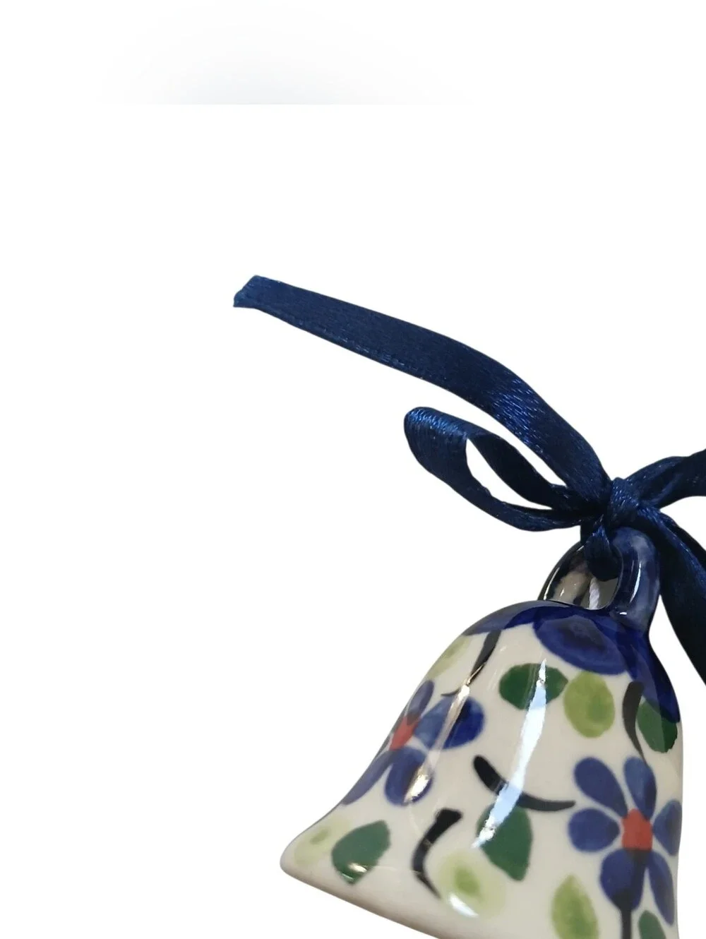 Hand-Painted Ceramic Bell Polish Pottery Floral Blue Ribbon With Clapper 2
